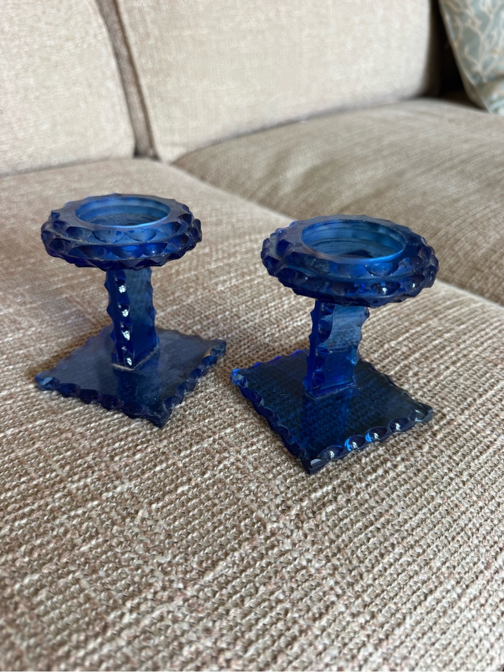 Viking Glass Georgian Cobalt Blue Candle Holders, Blue Glass Candlestick Pair -